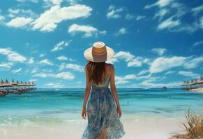 Ai generative young tourist woman in summer dress and hat standing on beautiful sandy beach. Cute girl enjoying photo