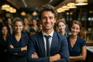Ai Generative group of happy business man and business women, dressed in suits are smiling, in the office photo