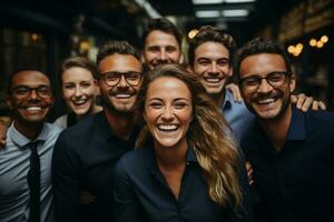 Ai Generative group of happy business man and business women, dressed in suits are smiling, in the office photo