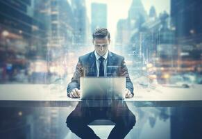 Ai generative double exposure photo of a business man using laptop on his desk front view office background realistic image, ultra hd, high design very detailed