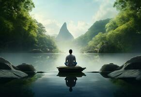 ai generative photo of a man practicing mindfulness and meditation in a peaceful natural environment sony A7s realistic image, ultra hd, high design very detailed