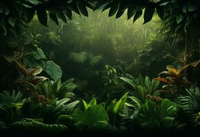 Ai Generative Beautiful jungle background with border made of tropical leaves backdrop with copy space photo