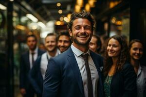 Ai Generative group of happy business man and business women, dressed in suits are smiling, in the office photo