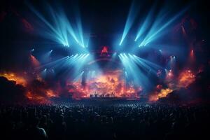 Ai generative Crowded Concert Stage Scenery With Spotlights and Colored Lights realistic image, ultra hd photo