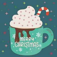 Navidad tarjeta modelo con taza de caliente chocolate. Navidad carteles, impresión para saludo tarjeta, t camisa imprimir, póster, taza, regalo diseño. Navidad camiseta diseño, carteles, saludo tarjetas, textiles. vector