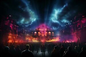 Ai generative Crowded Concert Stage Scenery With Spotlights and Colored Lights realistic image, ultra hd photo