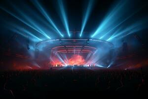 Ai generative Crowded Concert Stage Scenery With Spotlights and Colored Lights realistic image, ultra hd photo