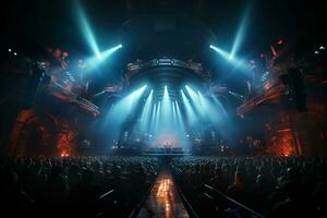 Ai generative Crowded Concert Stage Scenery With Spotlights and Colored Lights realistic image, ultra hd photo