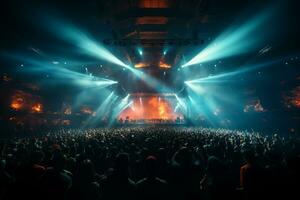 Ai generative Crowded Concert Stage Scenery With Spotlights and Colored Lights realistic image, ultra hd photo