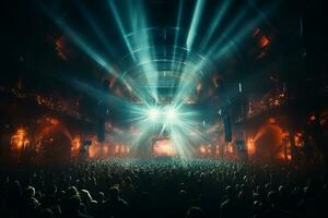 Ai generative Crowded Concert Stage Scenery With Spotlights and Colored Lights realistic image, ultra hd photo