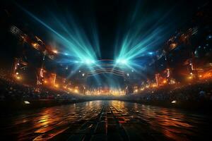 Ai generative Crowded Concert Stage Scenery With Spotlights and Colored Lights realistic image, ultra hd photo