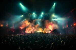 Ai generative Crowded Concert Stage Scenery With Spotlights and Colored Lights realistic image, ultra hd photo