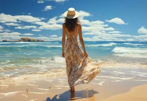 ai generativo joven turista mujer en verano vestir y sombrero en pie en hermosa arenoso playa. linda niña disfrutando foto