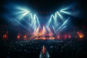 Ai generative Crowded Concert Stage Scenery With Spotlights and Colored Lights realistic image, ultra hd photo