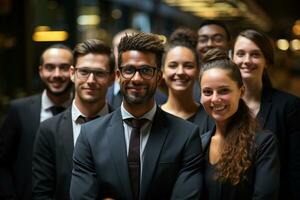 ai generativo grupo de contento negocio hombre y negocio mujer, vestido en trajes son sonriente, en el oficina foto