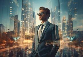 Ai generative A Double Exposure of a Businessman in the Cityscape Embodies Success and Future Plans photo