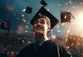 Ai generative Double exposure photo of Young man throwing graduation cap technology background realistic image