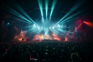 Ai generative Crowded Concert Stage Scenery With Spotlights and Colored Lights realistic image, ultra hd photo