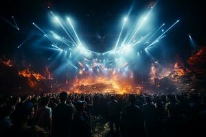 Ai generative Crowded Concert Stage Scenery With Spotlights and Colored Lights realistic image, ultra hd photo