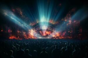 Ai generative Crowded Concert Stage Scenery With Spotlights and Colored Lights realistic image, ultra hd photo