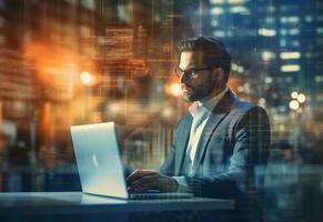 Ai generative double exposure photo of a business man using laptop on his desk front view office background realistic image, ultra hd, high design very detailed