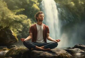 ai generative photo of a man practicing mindfulness and meditation in a peaceful natural environment sony A7s realistic image, ultra hd, high design very detailed