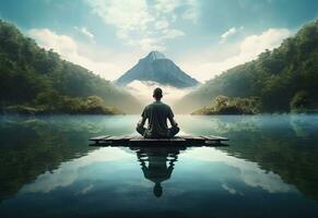 ai generative photo of a man practicing mindfulness and meditation in a peaceful natural environment sony A7s realistic image, ultra hd, high design very detailed