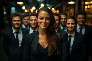 ai generativo grupo de contento negocio hombre y negocio mujer, vestido en trajes son sonriente, en el oficina foto