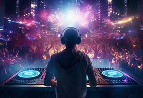 Ai generative DJ playing and mixing music in nightclub party at night . EDM dance music club with crowd of young people photo