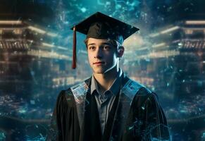 Ai Generative Double exposure photo of Young man with graduation cap technology background realistic image