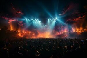 Ai generative Crowded Concert Stage Scenery With Spotlights and Colored Lights realistic image, ultra hd photo