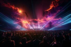 Ai generative Crowded Concert Stage Scenery With Spotlights and Colored Lights realistic image, ultra hd photo