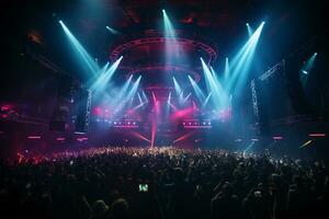 Ai generative Crowded Concert Stage Scenery With Spotlights and Colored Lights realistic image, ultra hd photo