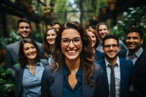 Ai Generative group of happy business man and business women, dressed in suits are smiling, in the office photo