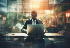 Ai generative double exposure photo of a business man using laptop on his desk front view office background realistic image, ultra hd, high design very detailed