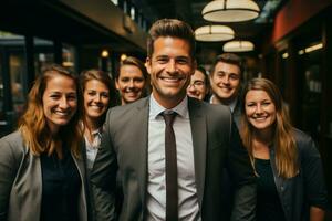 Ai Generative group of happy business man and business women, dressed in suits are smiling, in the office photo