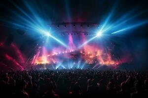 Ai generative Crowded Concert Stage Scenery With Spotlights and Colored Lights realistic image, ultra hd photo