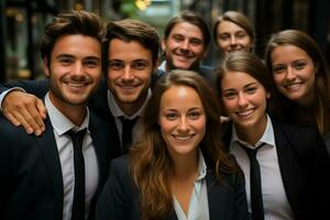 ai generativo grupo de contento negocio hombre y negocio mujer, vestido en trajes son sonriente, en el oficina foto