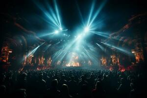 Ai generative Crowded Concert Stage Scenery With Spotlights and Colored Lights realistic image, ultra hd photo