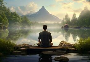 ai generative photo of a man practicing mindfulness and meditation in a peaceful natural environment sony A7s realistic image, ultra hd, high design very detailed