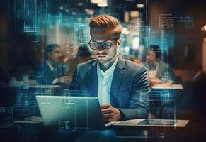 Ai generative double exposure photo of a business man using laptop on his desk front view office background realistic image, ultra hd, high design very detailed