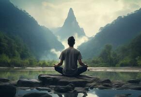 ai generative photo of a man practicing mindfulness and meditation in a peaceful natural environment sony A7s realistic image, ultra hd, high design very detailed