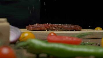 Fachmann Koch salzen Fleisch Filet Steak, schließen oben schleppend Bewegung video