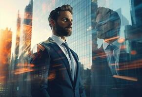 Ai generative A Double Exposure of a Businessman in the Cityscape Embodies Success and Future Plans photo