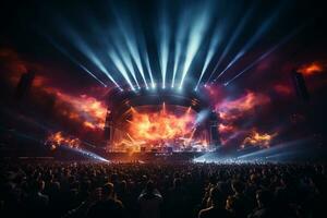 Ai generative Crowded Concert Stage Scenery With Spotlights and Colored Lights realistic image, ultra hd photo