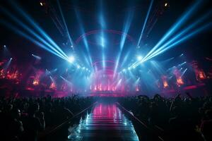 Ai generative Crowded Concert Stage Scenery With Spotlights and Colored Lights realistic image, ultra hd photo