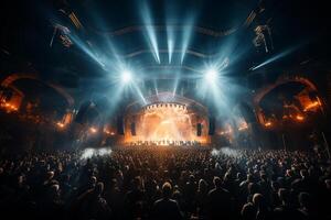 Ai generative Crowded Concert Stage Scenery With Spotlights and Colored Lights realistic image, ultra hd photo