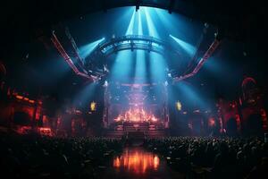 Ai generative Crowded Concert Stage Scenery With Spotlights and Colored Lights realistic image, ultra hd photo