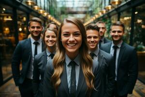 ai generativo grupo de contento negocio hombre y negocio mujer, vestido en trajes son sonriente, en el oficina foto