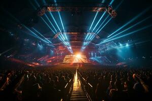 Ai generative Crowded Concert Stage Scenery With Spotlights and Colored Lights realistic image, ultra hd photo